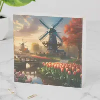 Windmill in Dutch Countryside by River with Tulips Wooden Box Sign