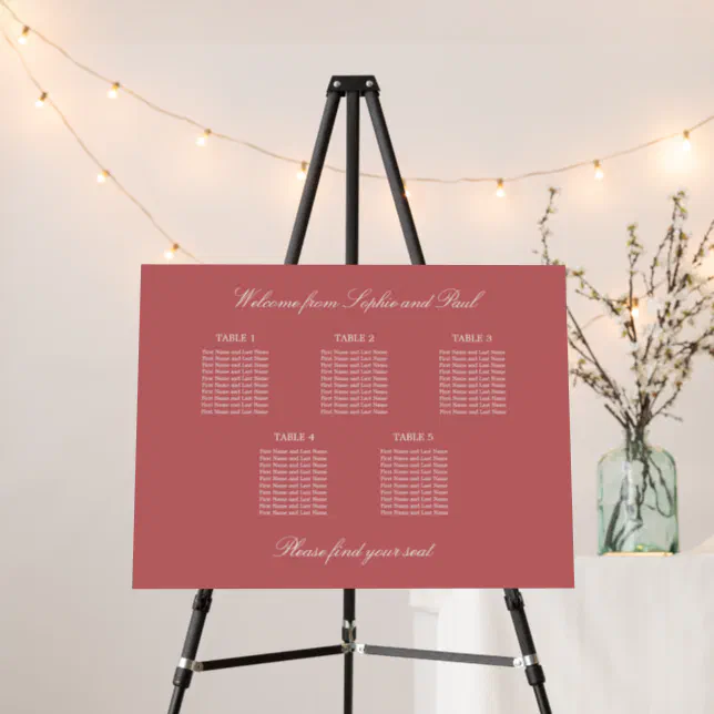 Dusty Rose Pink 5 Table Seating Chart Foam Board