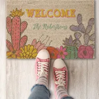 Hand Drawn Cactus Floral Vibrant Colors Add Name Doormat