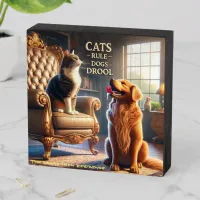 Whimsically Depict 'Cats Rule, Dogs Drool' Wooden Box Sign