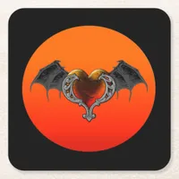 Halloween Goth Orange Heart with Bat Wings Coaster