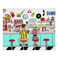 1950's Couple Holding Hands at  Diner  Poster