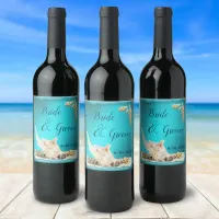 Teal Blue Aqua Turquoise Seashell Beach Wedding Wine Label