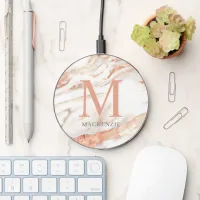 Chic Rose Gold Foil Marble Monogram Wireless Charger