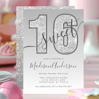 Silver Glitter Script Sweet 16 Birthday Party Invitation