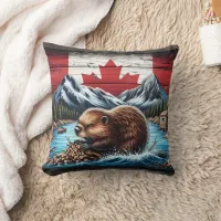 Beaver Building Dam With Canadian Flag Background Throw Pillow