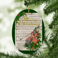 Vintage Christmas Sheet Music with Festive Violin Ceramic Ornament
