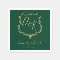 Monogrammed Gold Crest and Forest Green Wedding Napkins