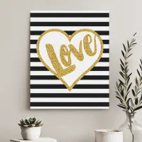 Love Black & White Gold Glitter Stripes Canvas Print