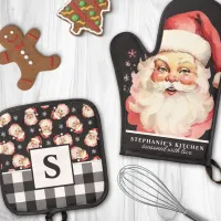 Vintage Santa Face Black Gingham Monogrammed Oven Mitt & Pot Holder Set