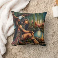 Native American Woman With Eagle By River At Dusk Throw Pillow