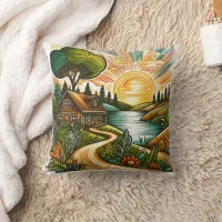 Tranquil sunrise over a countryside retreat throw pillow