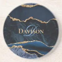 Elegant Stylish Navy Blue Gold Agate Monogram Coaster