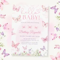 Hello Baby Pink Butterfly Baby Shower Invitation