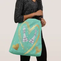 Gold Hearts King and Queen Chess Pieces on Sage | Crossbody Bag