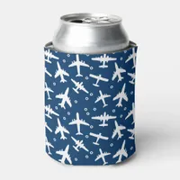 Airplane Patterned Blue and White Can Cooler