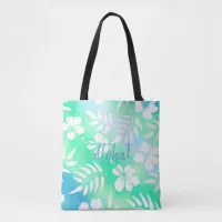 Aloha Hibiscus Green and Blue Floral Tote Bag