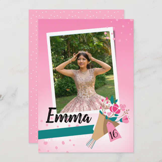 Unique Geometric Pink Black Four Photo Sweet 16 Invitation