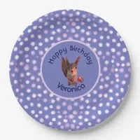 Purple  Squirrel Birthday Paper Plate with Dots