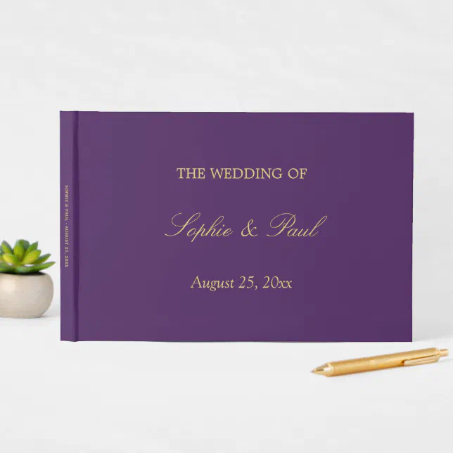 Elegant Purple Golden Beige Wedding Guest Book