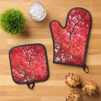 Bright Red Japanese Maple Tree Oven Mitt & Pot Holder Set