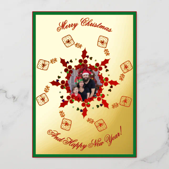 Merry Christmas - red green and gold - photo Foil Holiday Card