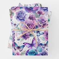 Cottage Purple Roses and Blue Butterflies Wrapping Paper Sheets