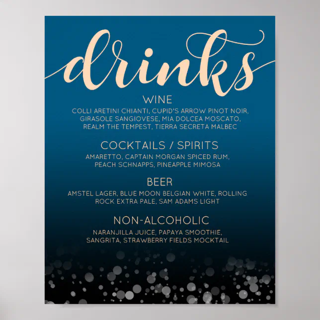 Elegant Peach Oceanic Blue Wedding Drinks Bar Menu Poster