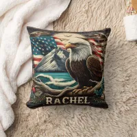 Bald Eagle Against Mountain and American Flag Throw Pillow