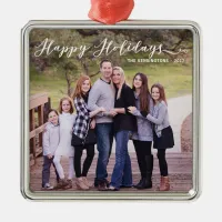 Happy Holidays Elegant Typography Family Photo Metal Ornament