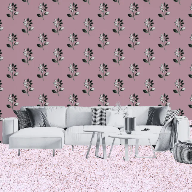 Bold Dusty Pink With Metallic Silver Flowers Wallpaper