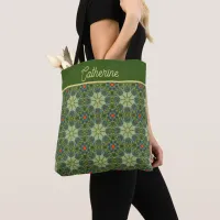 Vintage pattern in Green with Blue Flowers Tote Bag