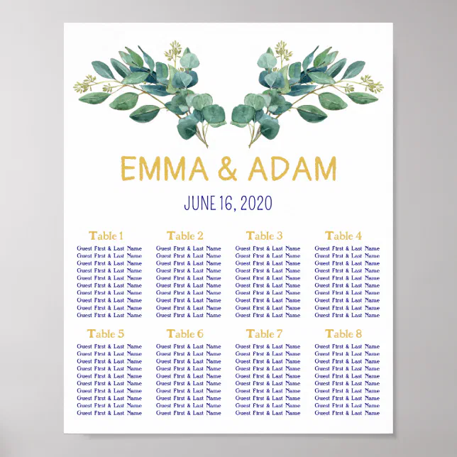 Simple Eucalyptus Greenery Navy Blue and Gold Poster