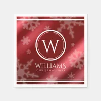 Festive Red Foil Snowflakes Monogram Name Napkins