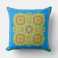 Aztec Pattern Blue Orange Gold Hand Drawn Art  Throw Pillow