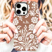 Retro Wildflower Mocha Mousse Floral Monogram iPhone 16 Pro Max Case