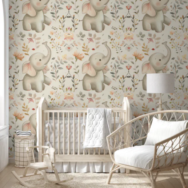 Cute Elephant Floral Watercolor Nursery Pattern Wallpaper