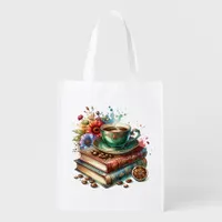  Vintage Books, Flowers and Coffee or Tea Grocery Bag