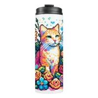 Pixel Art | Kitty Cat Sitting in Flowers Thermal Tumbler