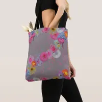 Vintage look floral pattern on gray tote bag