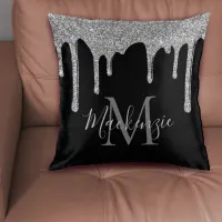 Elegant Black and Silver Glitter Drips Monogram Throw Pillow