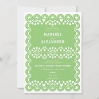 Scalloped Mexico Papel Picado Floral Green Wedding Invitation