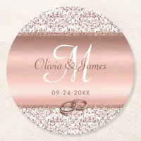 Rose Gold Monogram Elegant Wedding  Round Paper Coaster