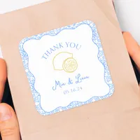 Thank You Lemon Blue Tiles Personalized Wedding Square Sticker