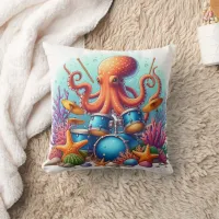 Octopus Playing Drums Among Colorful Coral Reef Throw Pillow