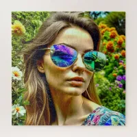 Beautiful Girl with Sunglasses Reflection Flowers Jigsaw Puzzle