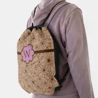 Hand Drawn Floral Pattern Tan Brown Rustic Drawstring Bag