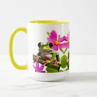 Adorable Green Frog Surrounded by Pink Flowers Mug