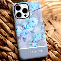 Trendy Blue Roses Custom Name Floral iPhone 16 Pro Max Case