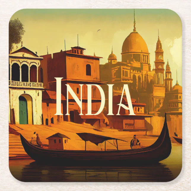Varanasi India Painting Square Paper Coaster